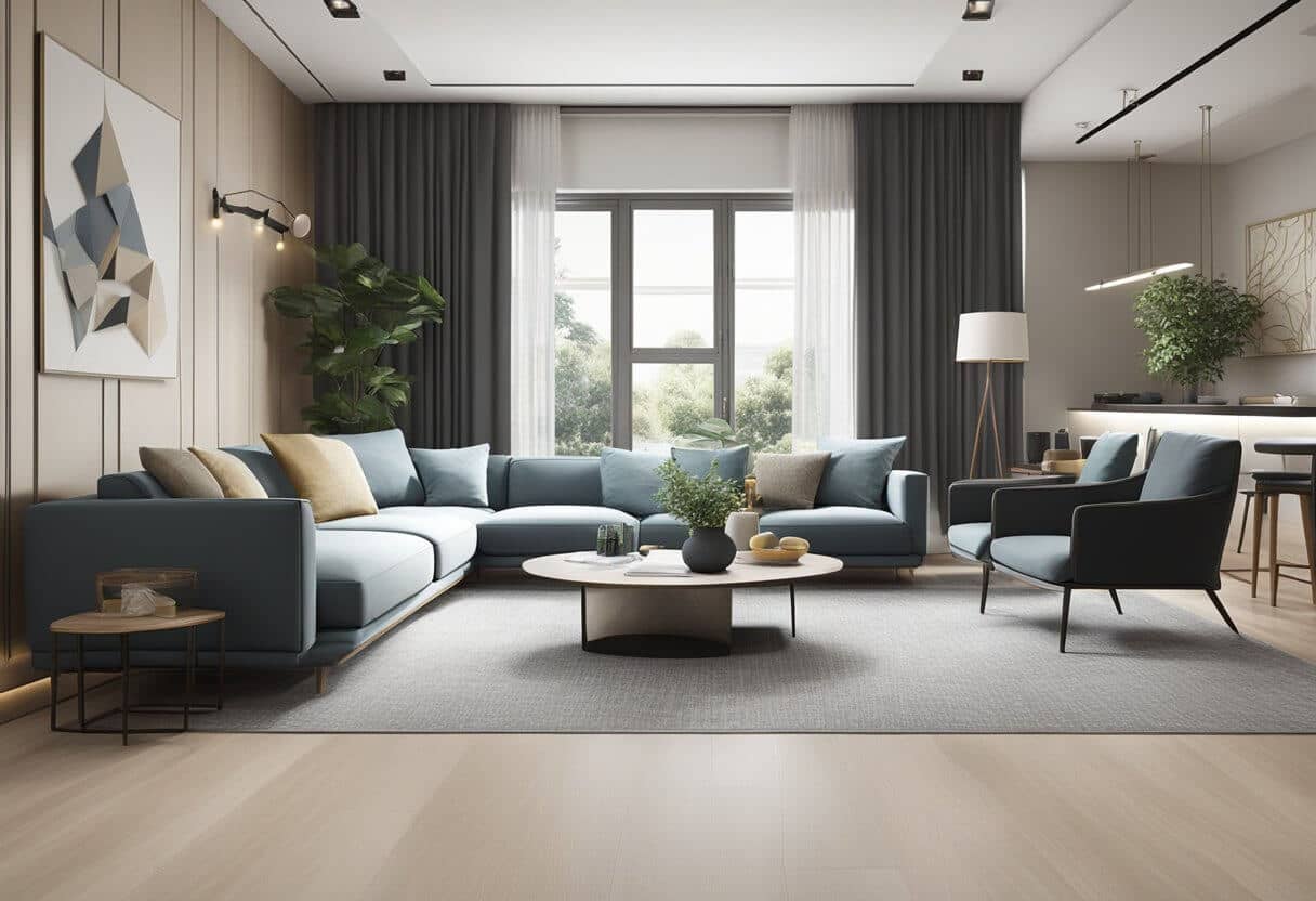 A modern living room with cost-effective luxury flooring in Singapore, showcasing elegant and durable materials